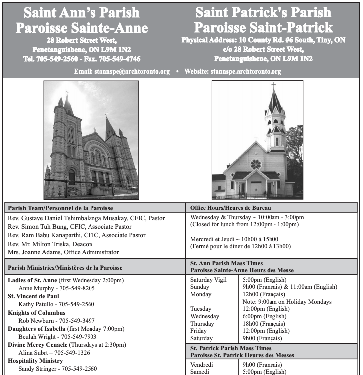 A screen shot of the front of the St. Ann's and St. Pat's Bulletin