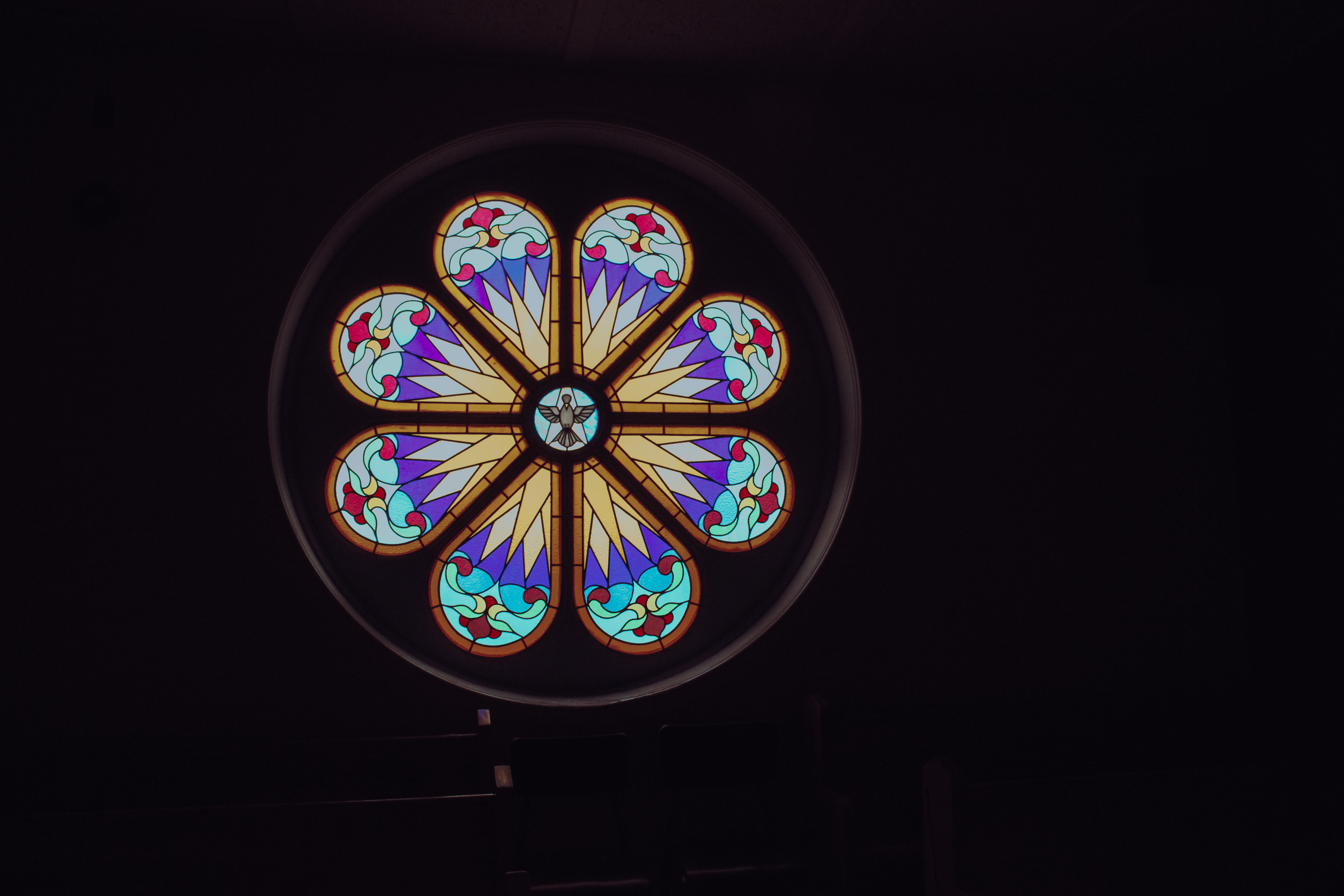 St. Pat's Stained Glass, a flower like shape of beautiful colours with a holy spirit dove at the centre